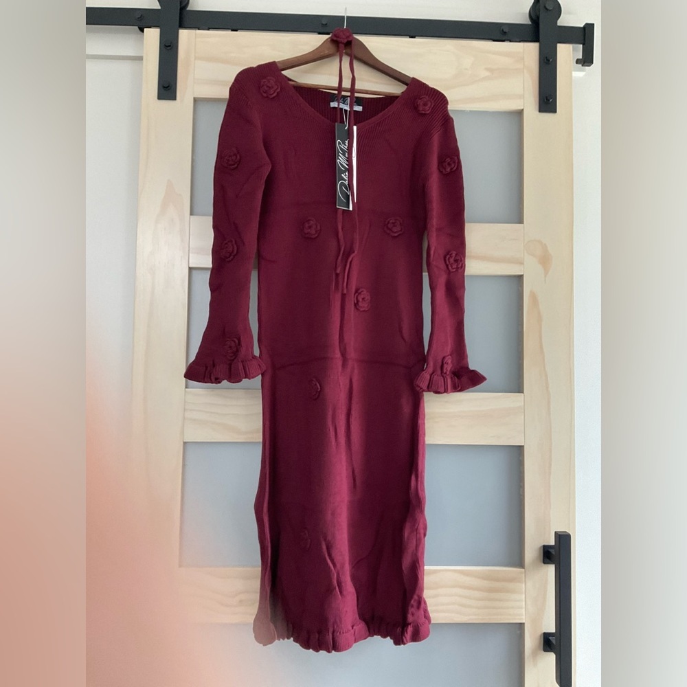 Dalia MacPhee Burgundy Sweater Dress Floral Crochet Long Sleeve Midi Size Large - Picture 5 of 5